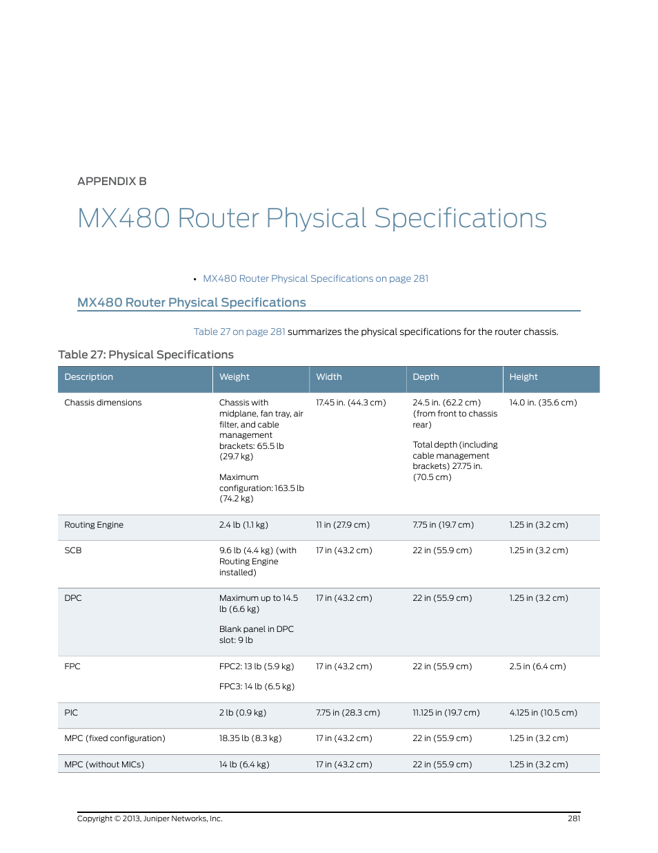 Appendix b: mx480 router physical specifications, Mx480 router physical specifications, Appendix b | Table 27: physical specifications | Juniper Networks MX480 User Manual | Page 305 / 366