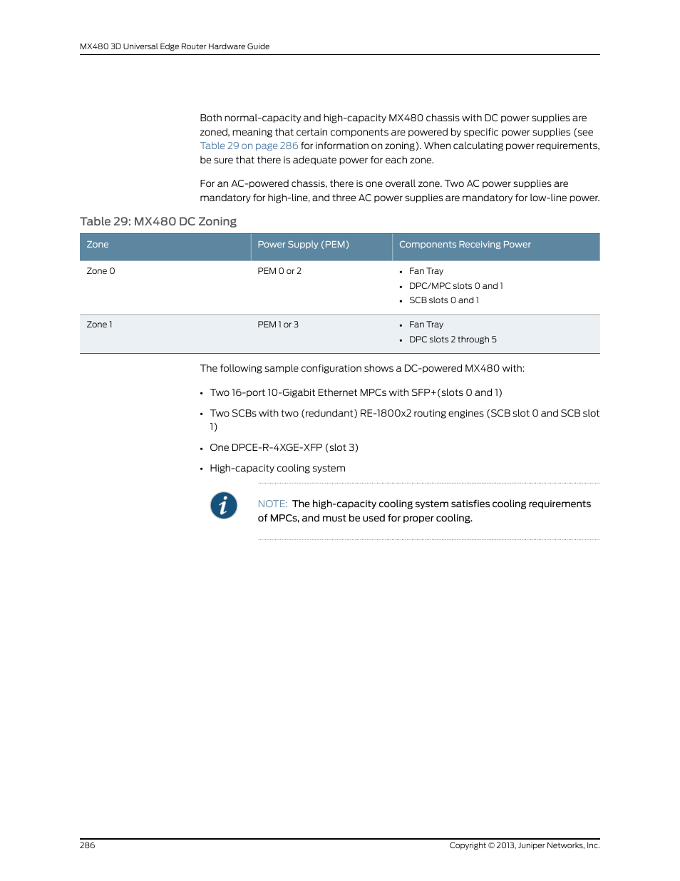Table 29: mx480 dc zoning | Juniper Networks MX480 User Manual | Page 310 / 366