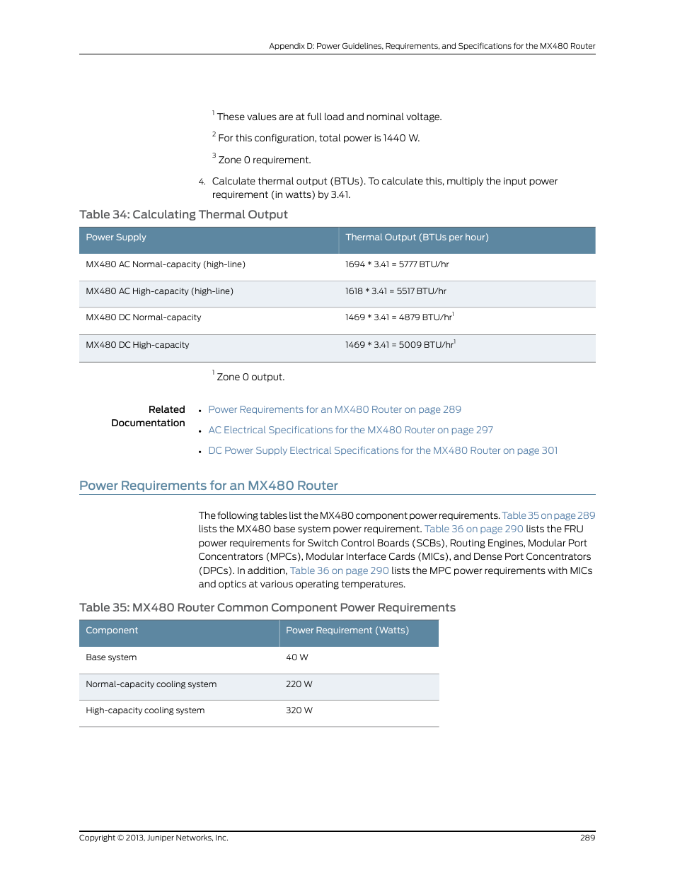 Power requirements for an mx480 router, Table 34: calculating thermal output, Power requirements | Juniper Networks MX480 User Manual | Page 313 / 366