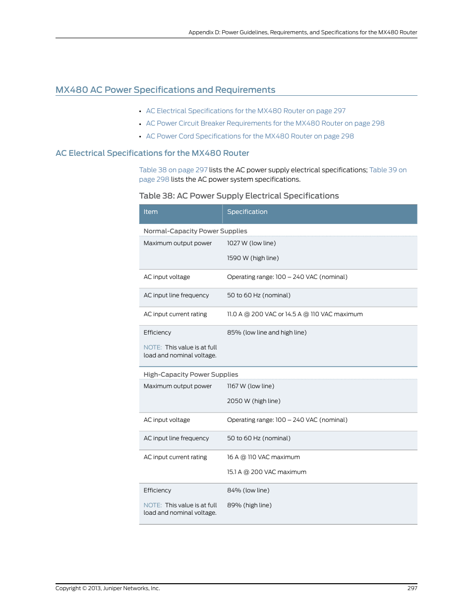 Mx480 ac power specifications and requirements, Ac electrical specifications for the mx480 router, Ac electrical specifications for the | Juniper Networks MX480 User Manual | Page 321 / 366