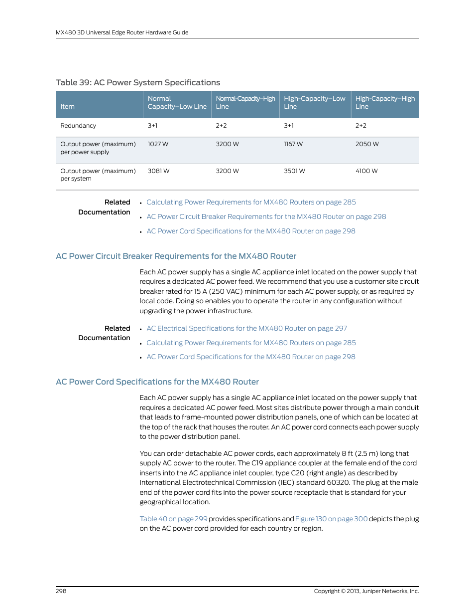 Ac power cord specifications for the mx480 router, Table 39: ac power system specifications, Ac power cord specifications for the mx480 | Table 39 on | Juniper Networks MX480 User Manual | Page 322 / 366