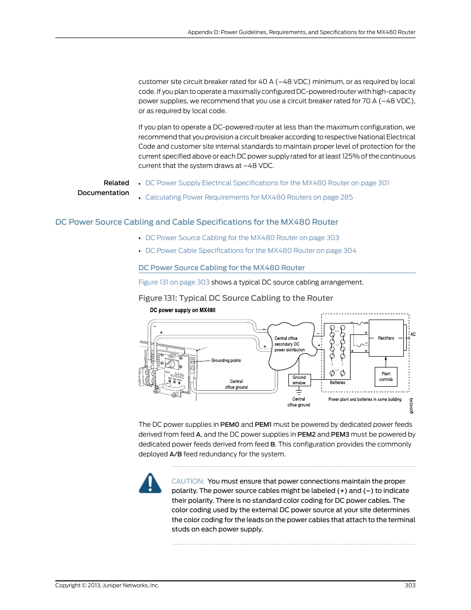 Dc power source cabling for the mx480 router, Router, 303 dc power source cabling for the mx480 router | Juniper Networks MX480 User Manual | Page 327 / 366