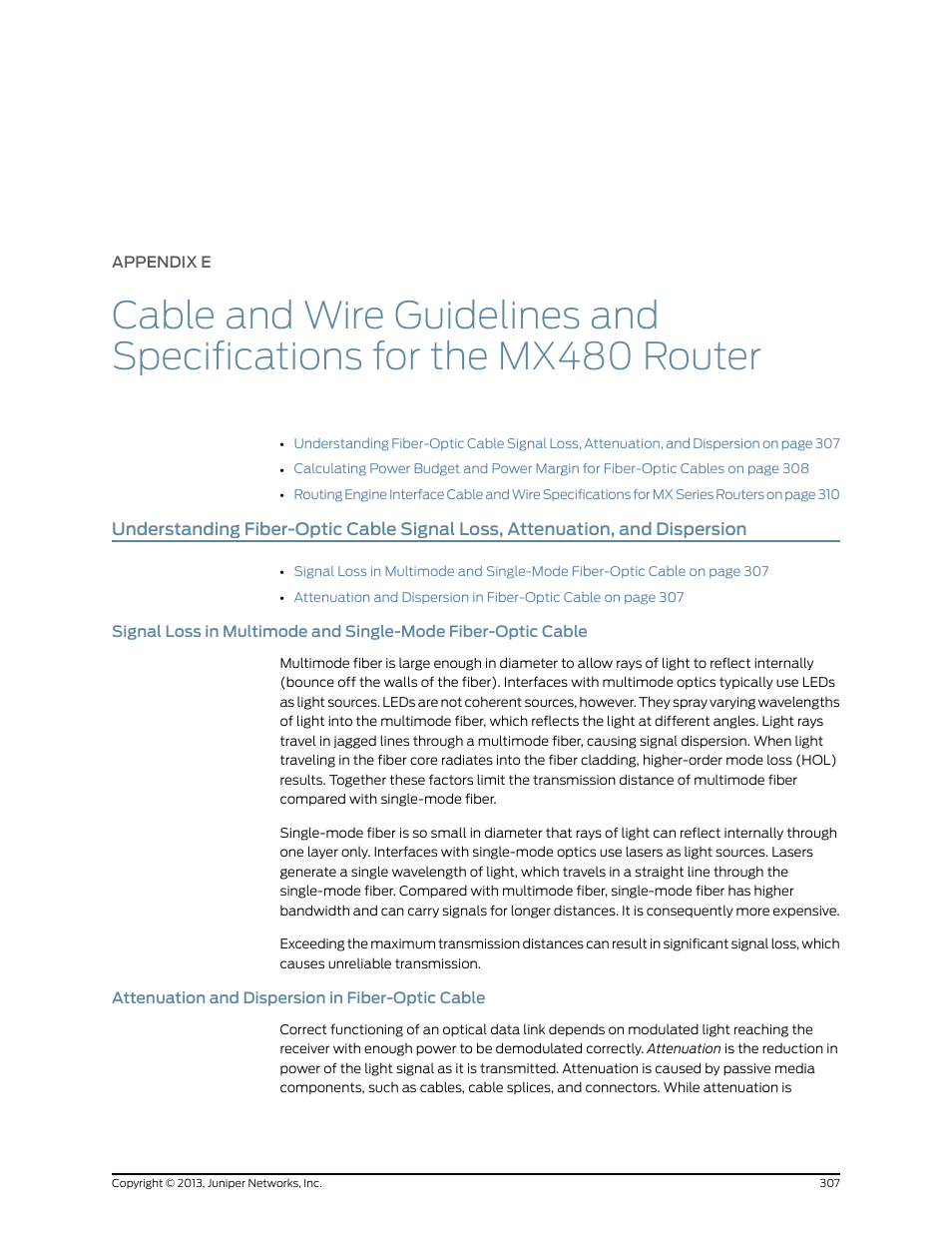 Attenuation and dispersion in fiber-optic cable, Appendix e | Juniper Networks MX480 User Manual | Page 331 / 366