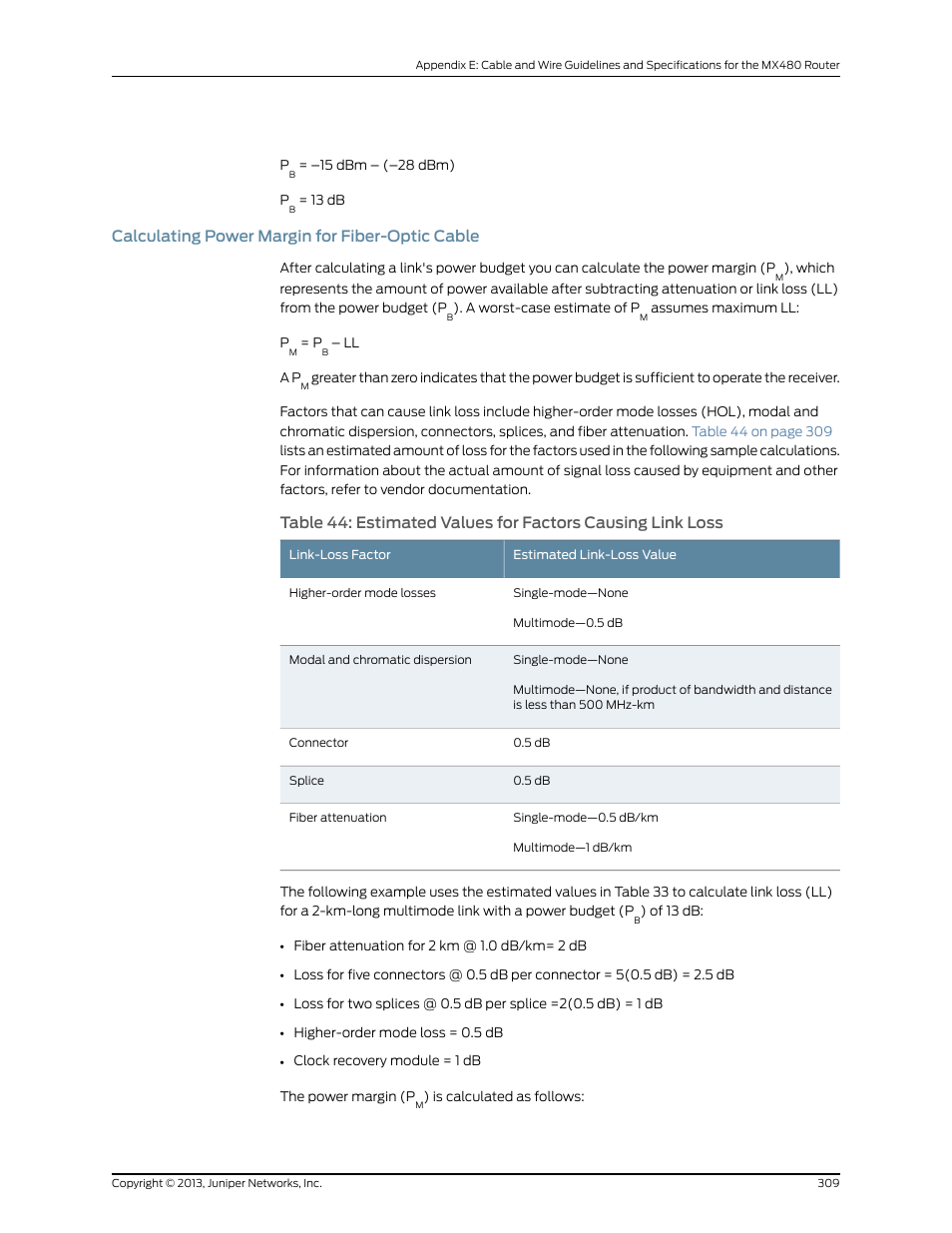 Calculating power margin for fiber-optic cable | Juniper Networks MX480 User Manual | Page 333 / 366