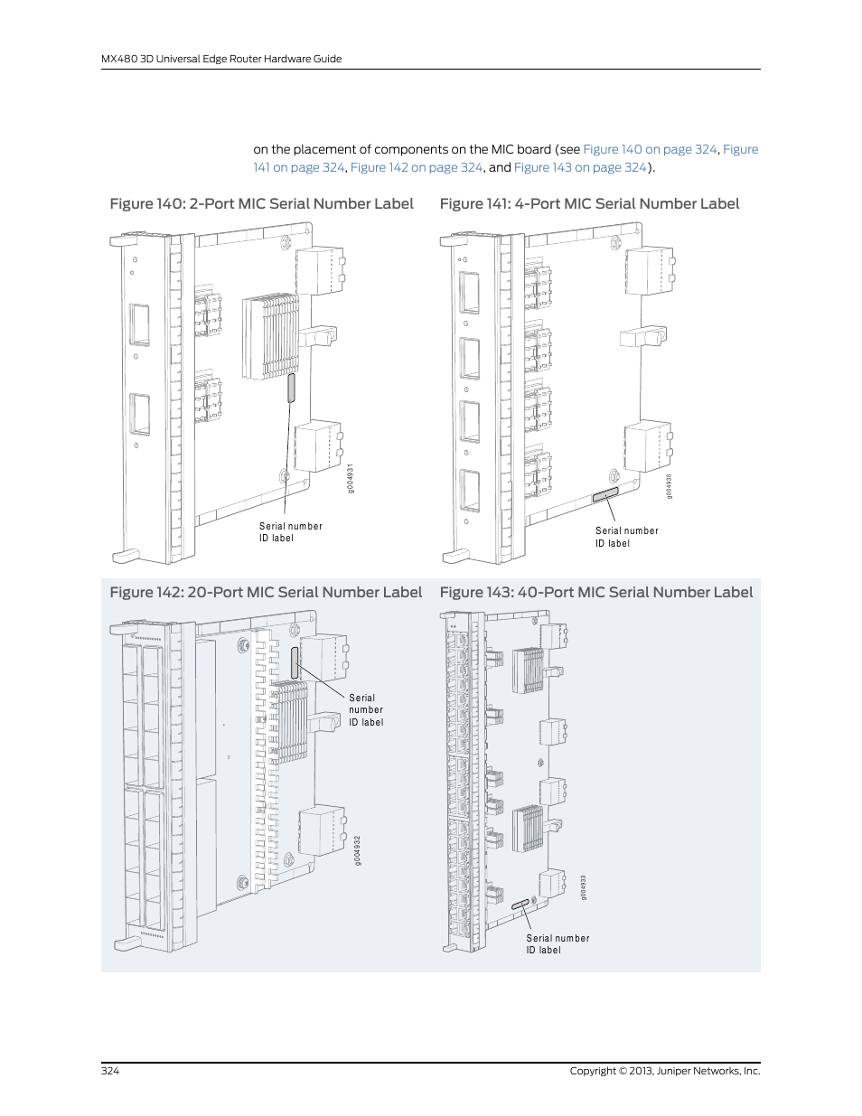 Figure 140: 2-port mic serial number label, 324 figure 141: 4-port mic serial number label, 324 figure 142: 20-port mic serial number label | 324 figure 143: 40-port mic serial number label, Figure 142 | Juniper Networks MX480 User Manual | Page 348 / 366