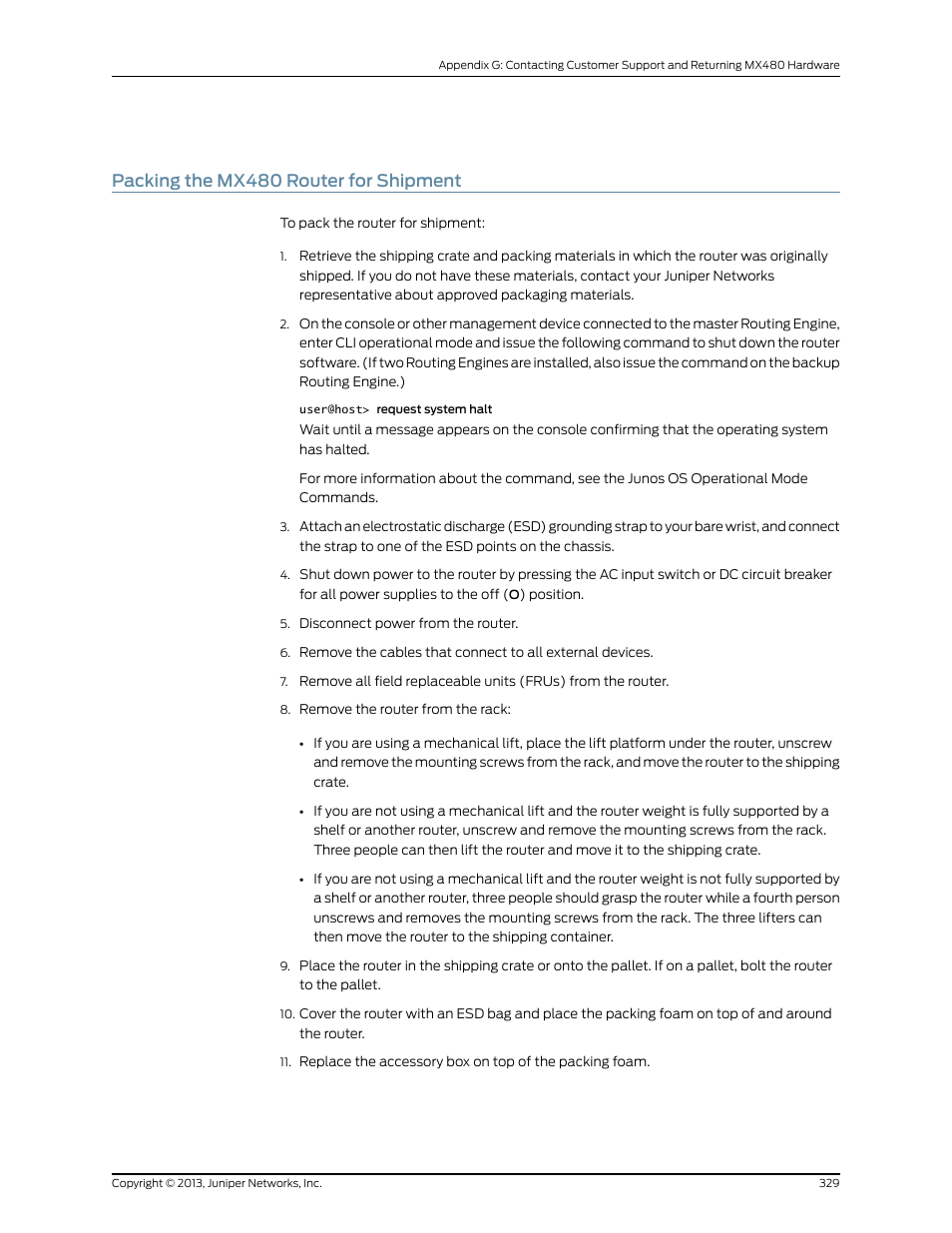 Packing the mx480 router for shipment | Juniper Networks MX480 User Manual | Page 353 / 366