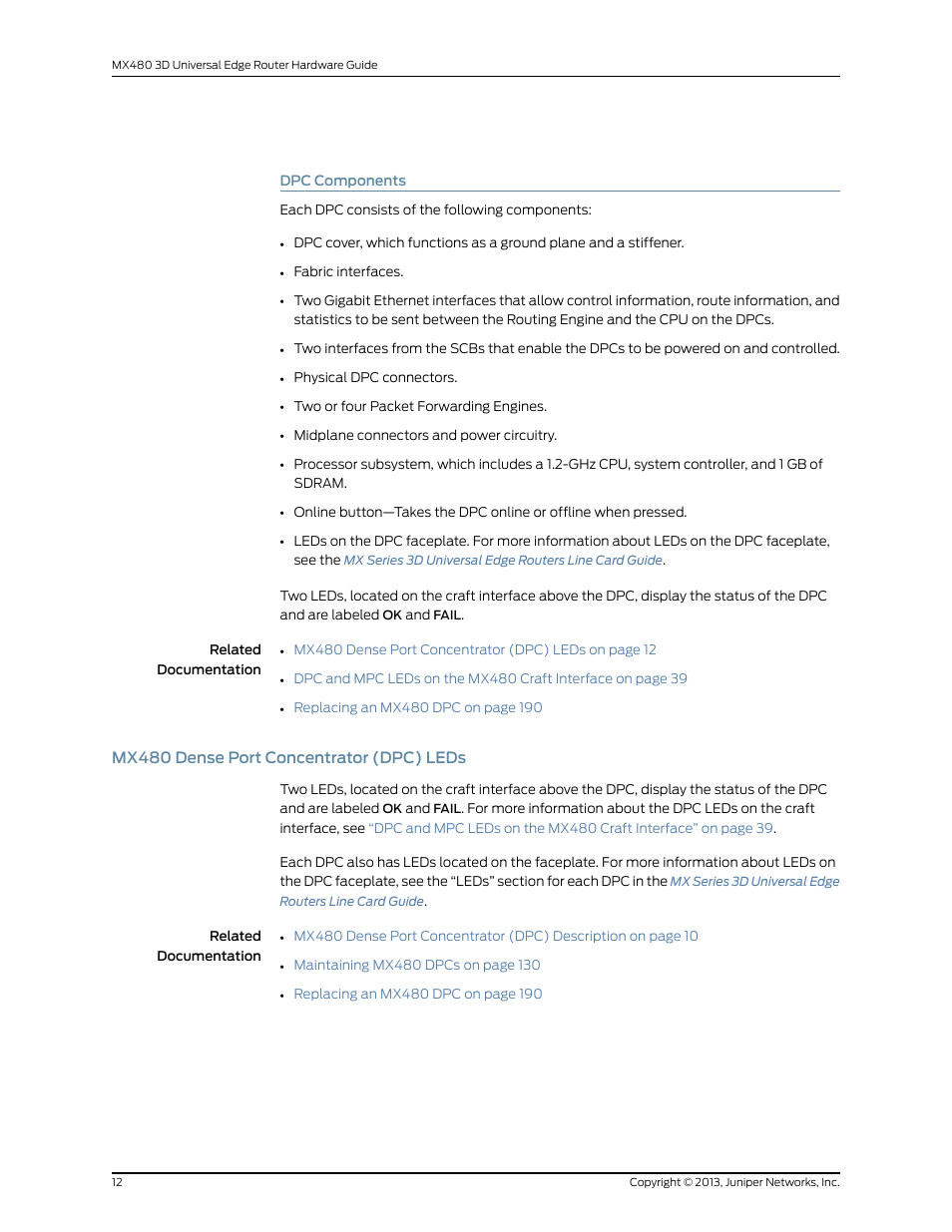 Dpc components, Mx480 dense port concentrator (dpc) leds | Juniper Networks MX480 User Manual | Page 36 / 366