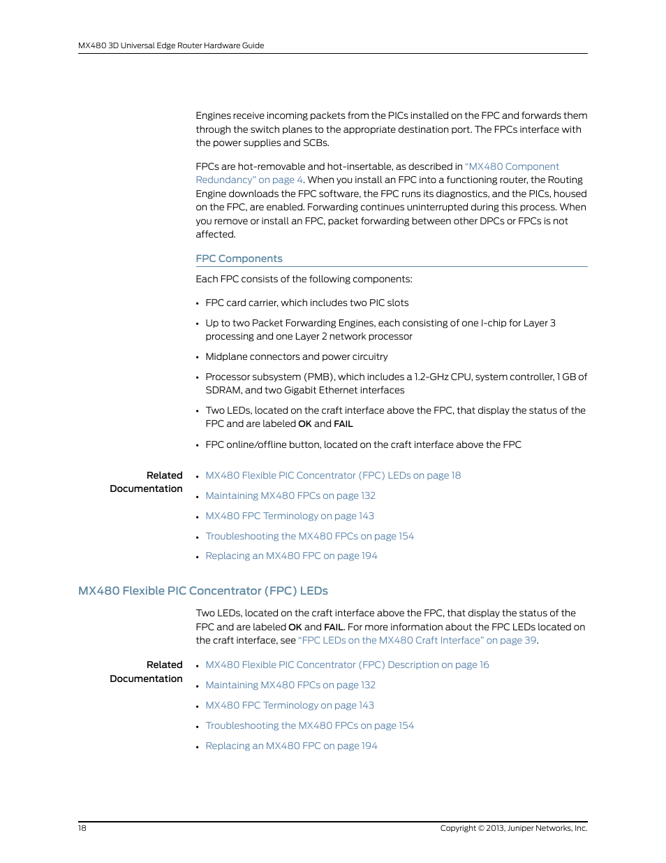 Fpc components, Mx480 flexible pic concentrator (fpc) leds | Juniper Networks MX480 User Manual | Page 42 / 366