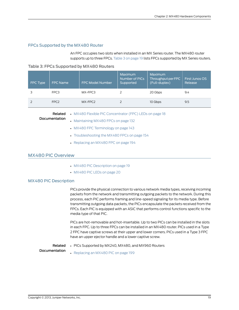 Fpcs supported by the mx480 router, Mx480 pic overview, Mx480 pic description | Table 3: fpcs supported by mx480 routers | Juniper Networks MX480 User Manual | Page 43 / 366
