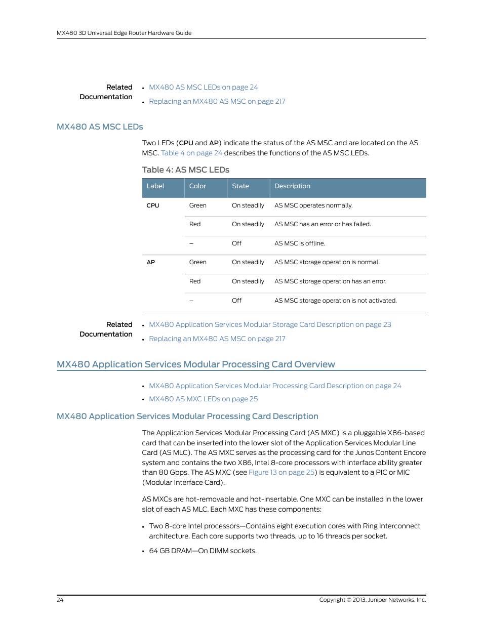 Mx480 as msc leds, Table 4: as msc leds | Juniper Networks MX480 User Manual | Page 48 / 366