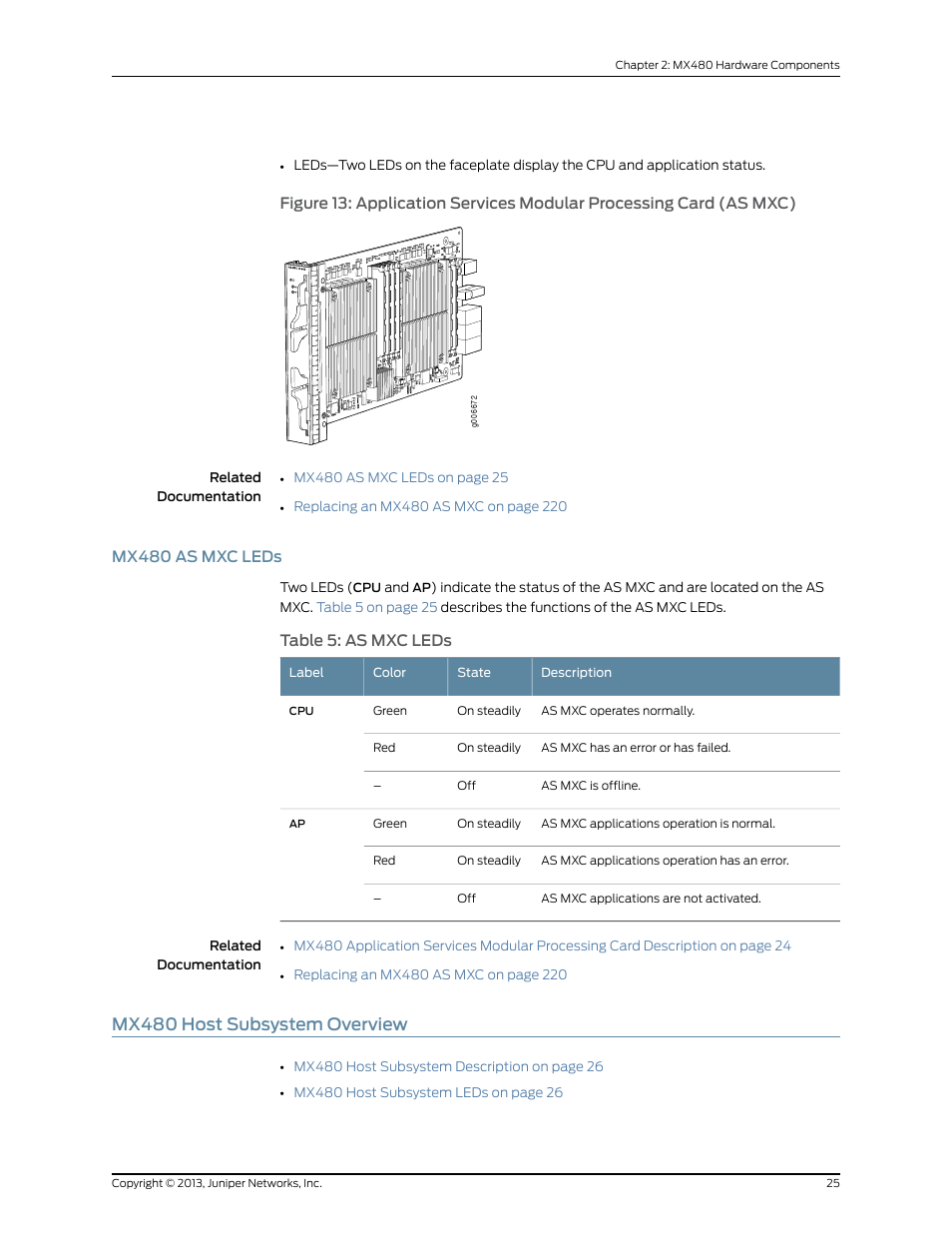Mx480 as mxc leds, Mx480 host subsystem overview, Table 5: as mxc leds | Juniper Networks MX480 User Manual | Page 49 / 366
