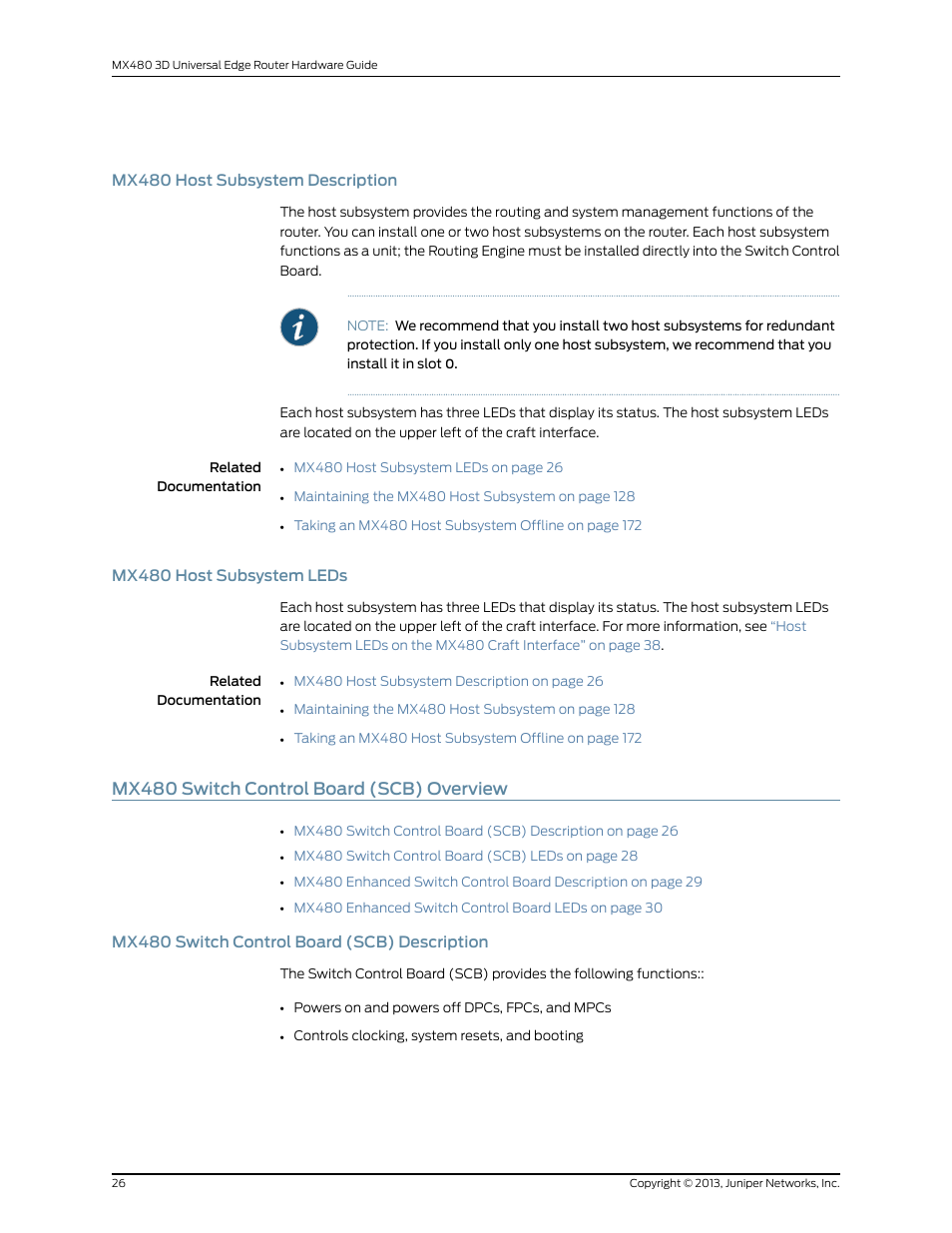 Mx480 host subsystem description, Mx480 host subsystem leds, Mx480 switch control board (scb) overview | Mx480 switch control board (scb) description, 26 mx480 host subsystem leds | Juniper Networks MX480 User Manual | Page 50 / 366