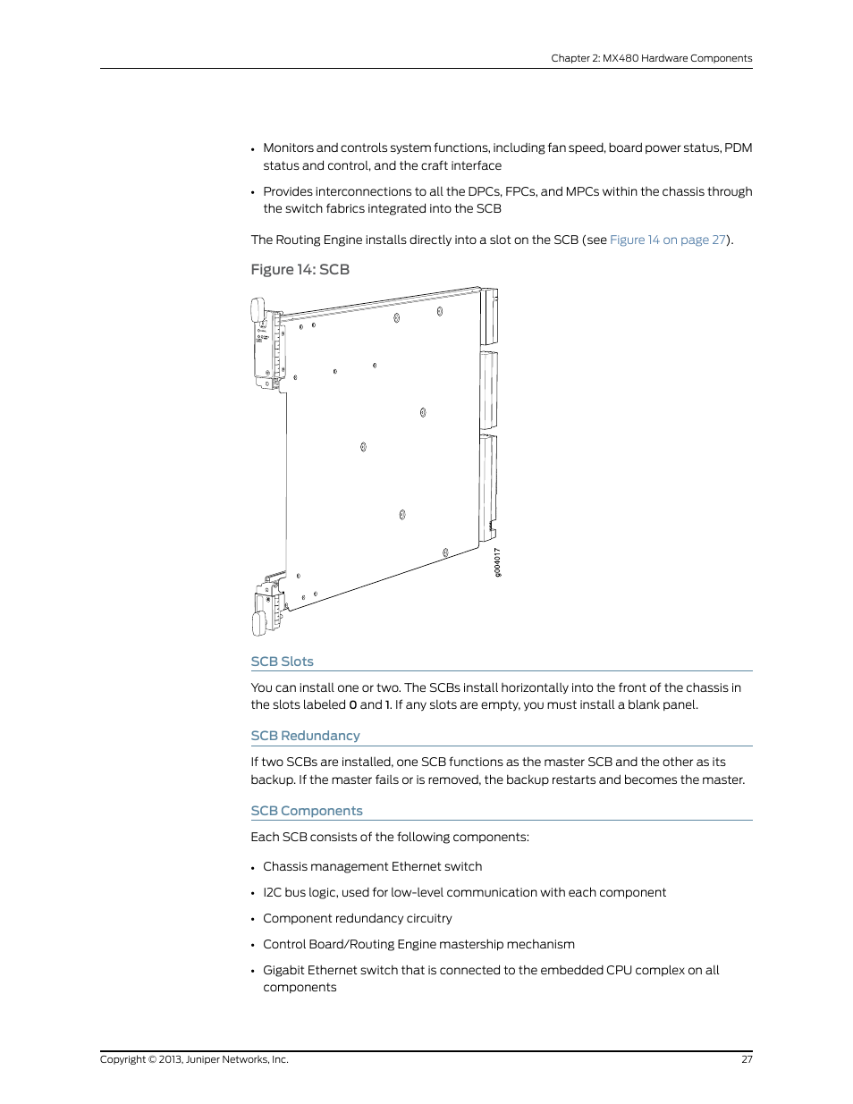 Scb slots, Scb redundancy, Scb components | 27 scb redundancy, 27 scb components, Figure 14: scb | Juniper Networks MX480 User Manual | Page 51 / 366