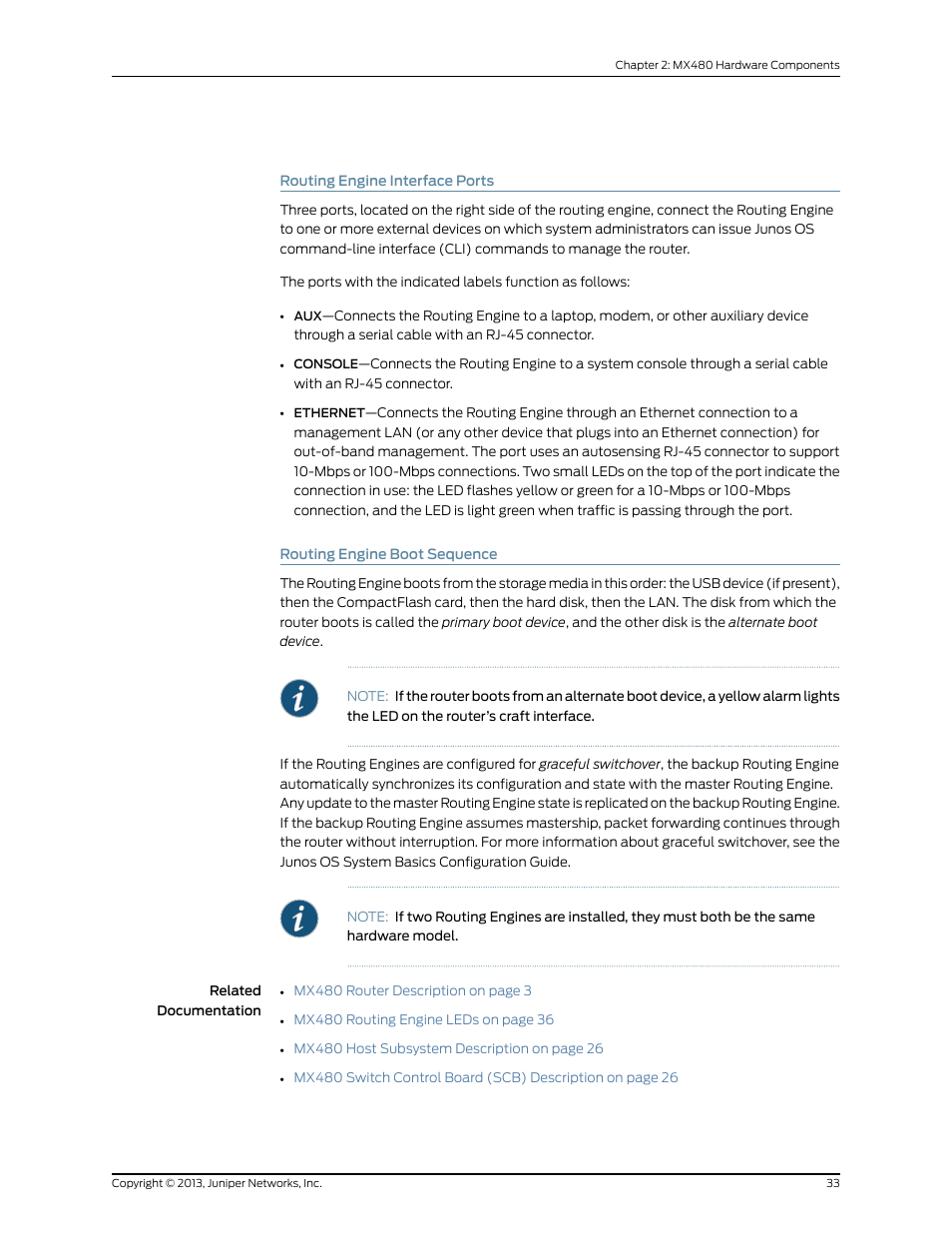 Routing engine interface ports, Routing engine boot sequence, 33 routing engine boot sequence | Juniper Networks MX480 User Manual | Page 57 / 366