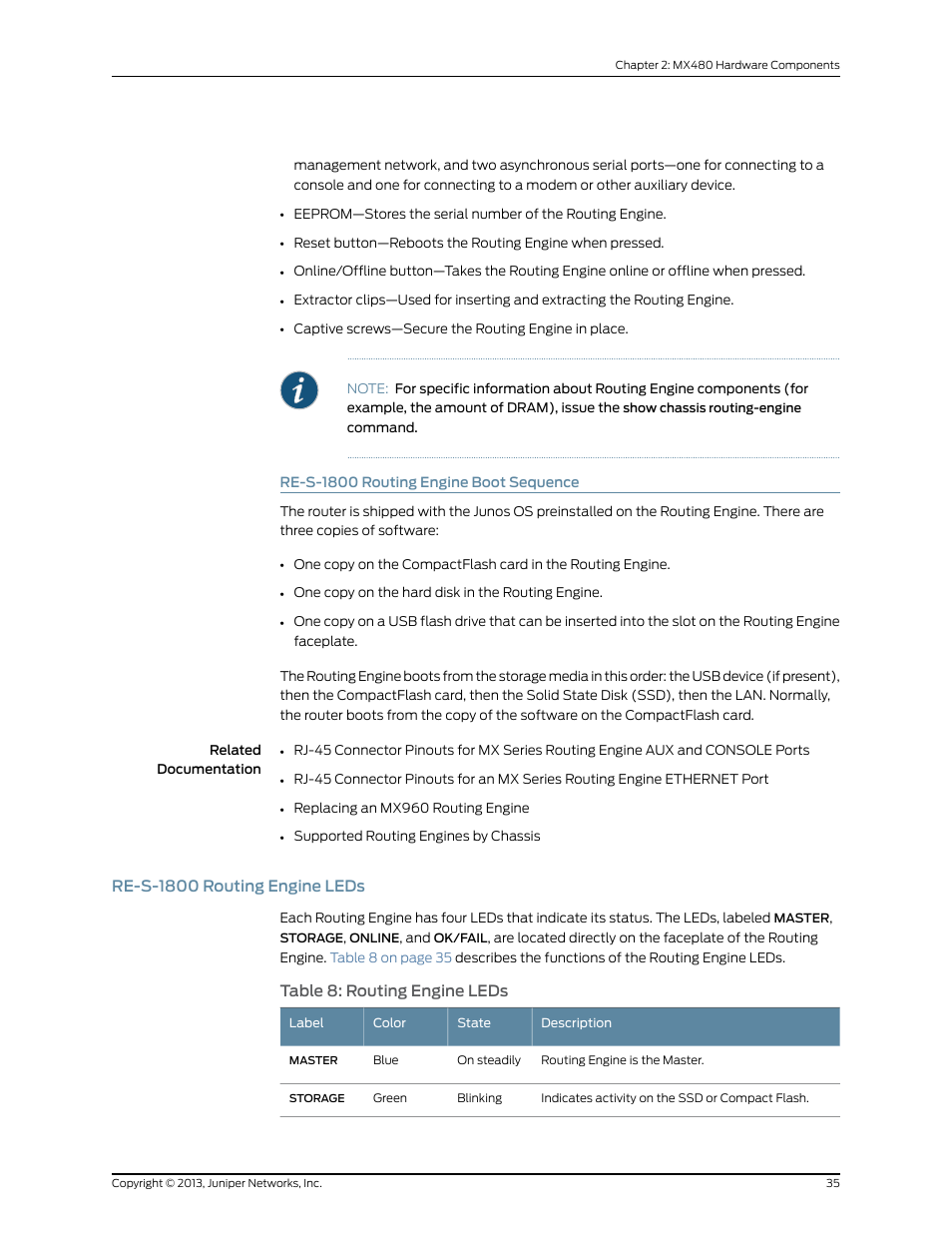 Re-s-1800 routing engine boot sequence, Re-s-1800 routing engine leds, Table 8: routing engine leds | Juniper Networks MX480 User Manual | Page 59 / 366