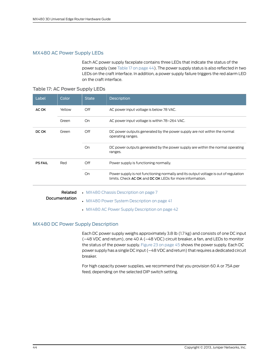 Mx480 ac power supply leds, Mx480 dc power supply description, Table 17: ac power supply leds | Juniper Networks MX480 User Manual | Page 68 / 366
