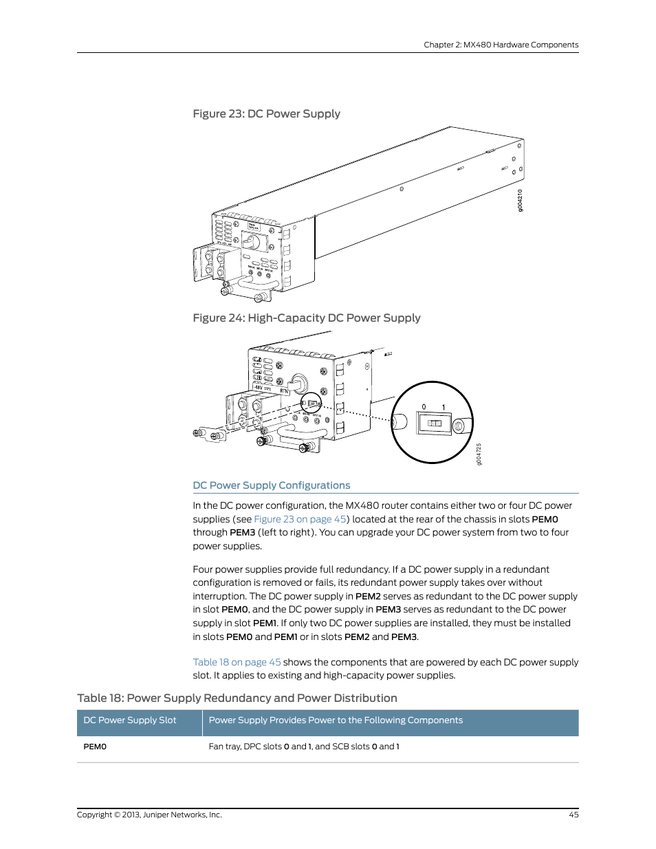 Dc power supply configurations, Figure 23: dc power supply, 45 figure 24: high-capacity dc power supply | Juniper Networks MX480 User Manual | Page 69 / 366