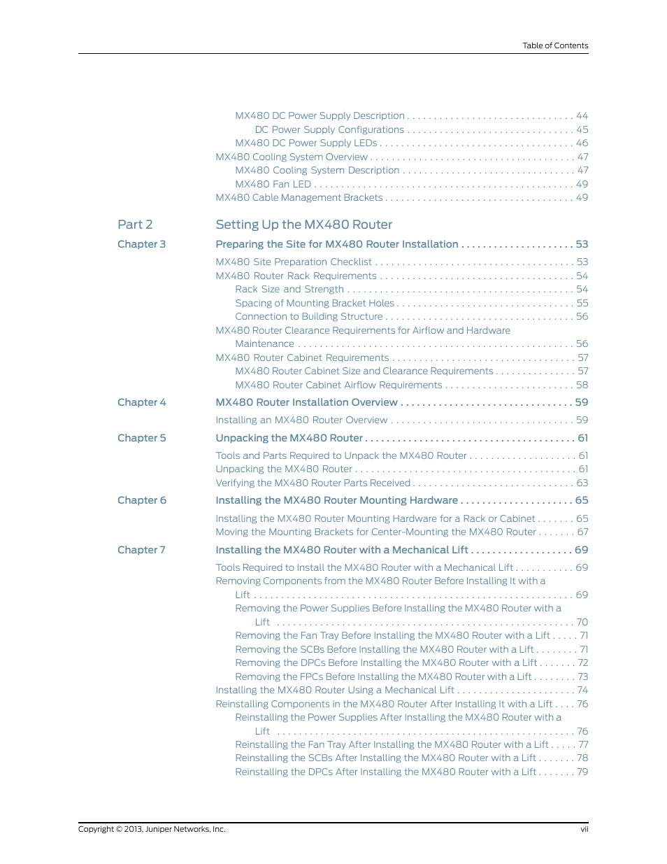 Part 2 setting up the mx480 router | Juniper Networks MX480 User Manual | Page 7 / 366