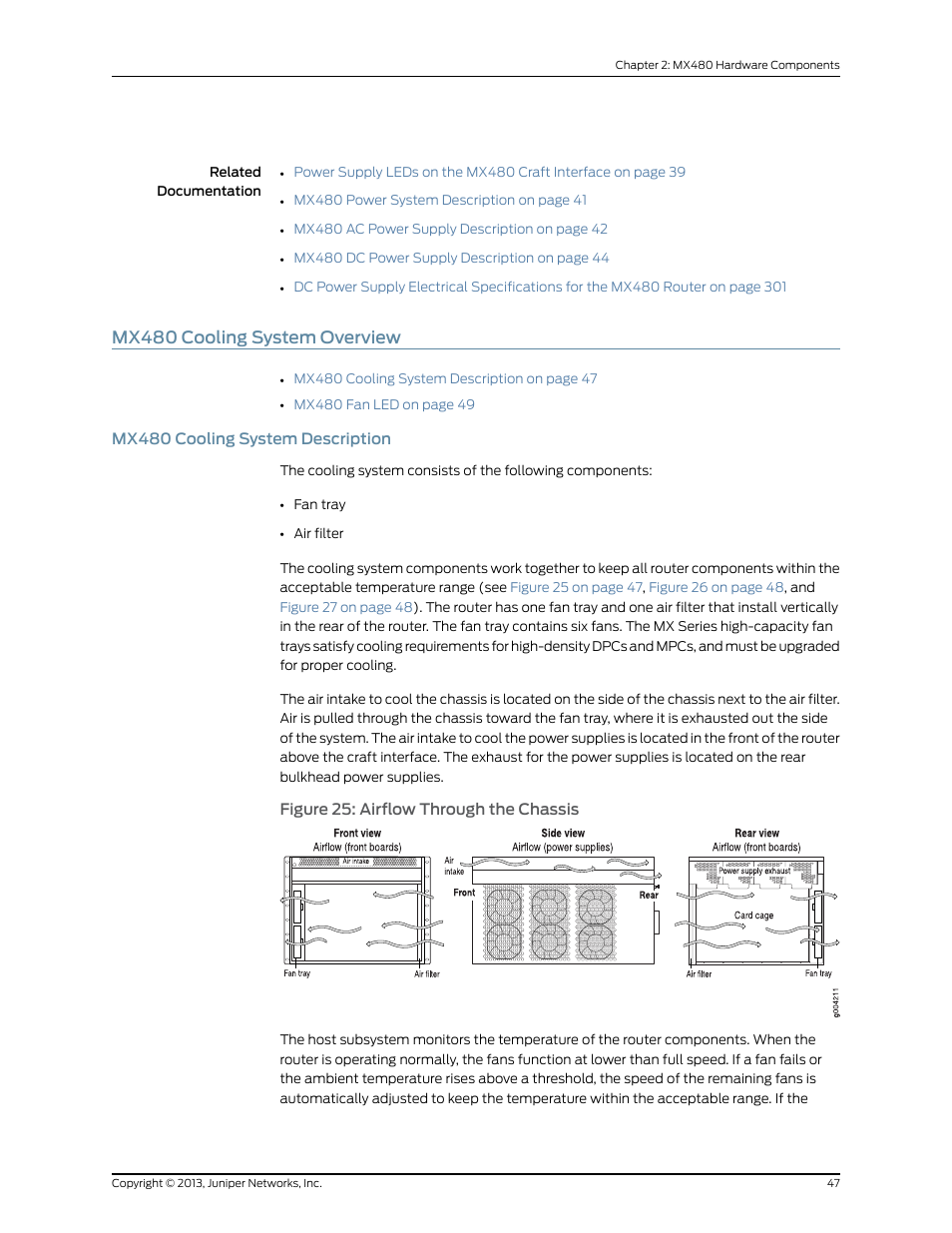 Mx480 cooling system overview, Mx480 cooling system description, Figure 25: airflow through the chassis | Juniper Networks MX480 User Manual | Page 71 / 366
