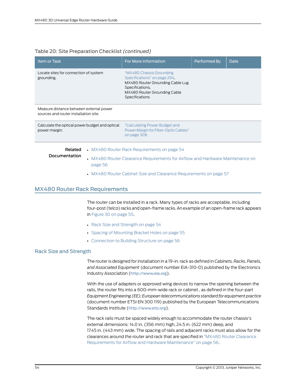Mx480 router rack requirements, Rack size and strength | Juniper Networks MX480 User Manual | Page 78 / 366