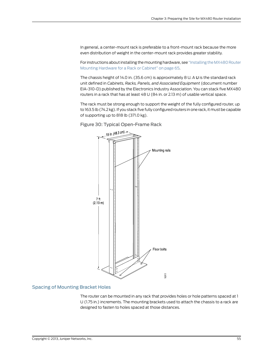 Spacing of mounting bracket holes, Figure 30: typical open-frame rack | Juniper Networks MX480 User Manual | Page 79 / 366