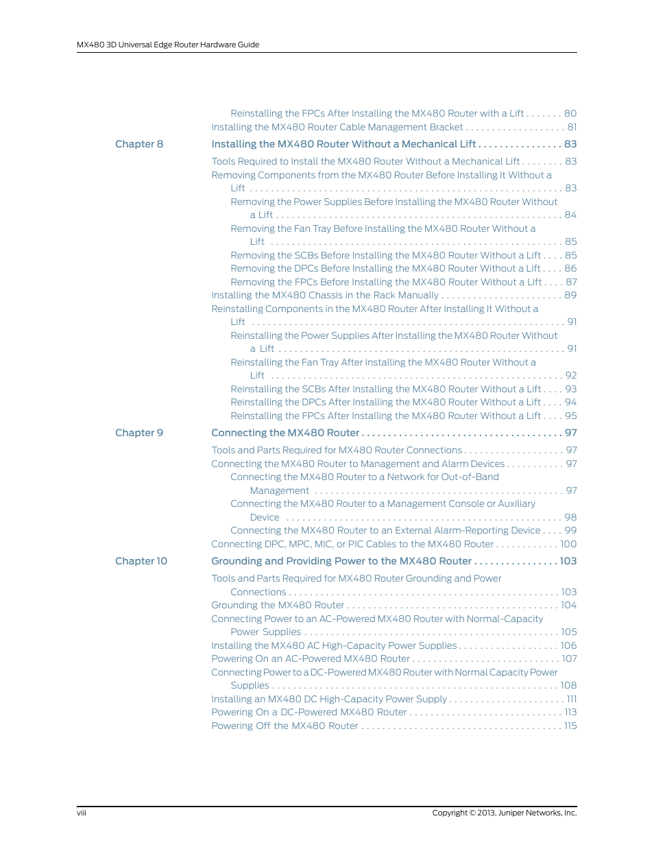 Juniper Networks MX480 User Manual | Page 8 / 366
