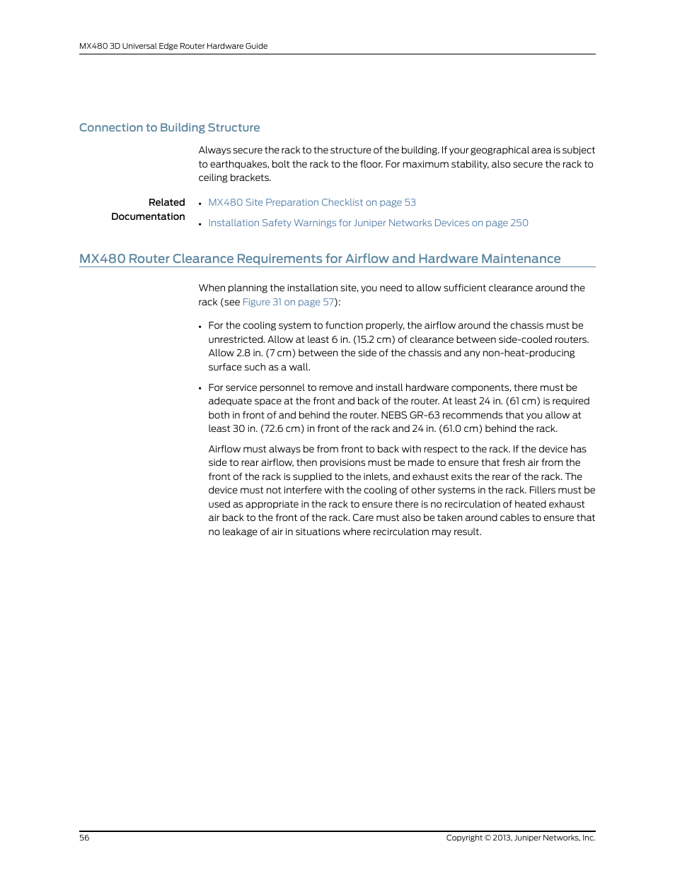 Connection to building structure, Maintenance, Mx480 router clearance | Juniper Networks MX480 User Manual | Page 80 / 366