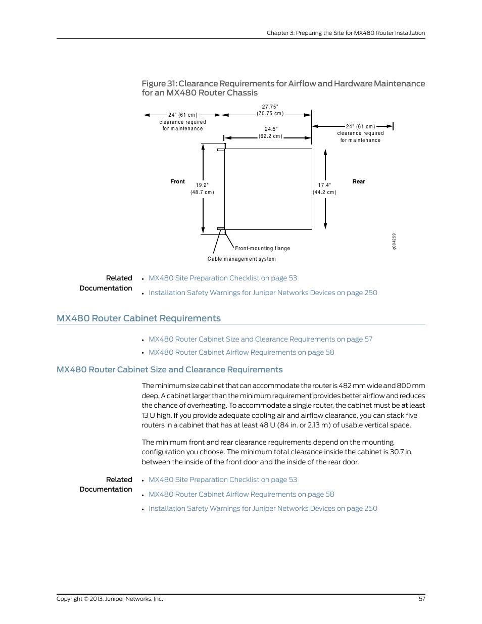 Mx480 router cabinet requirements, An mx480 router chassis | Juniper Networks MX480 User Manual | Page 81 / 366