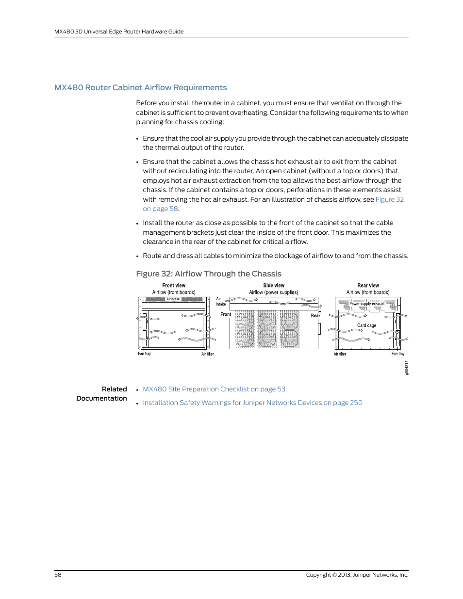 Mx480 router cabinet airflow requirements, Figure 32: airflow through the chassis | Juniper Networks MX480 User Manual | Page 82 / 366