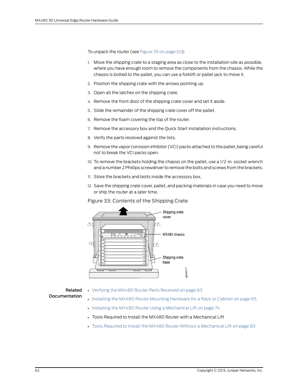 Figure 33: contents of the shipping crate | Juniper Networks MX480 User Manual | Page 86 / 366