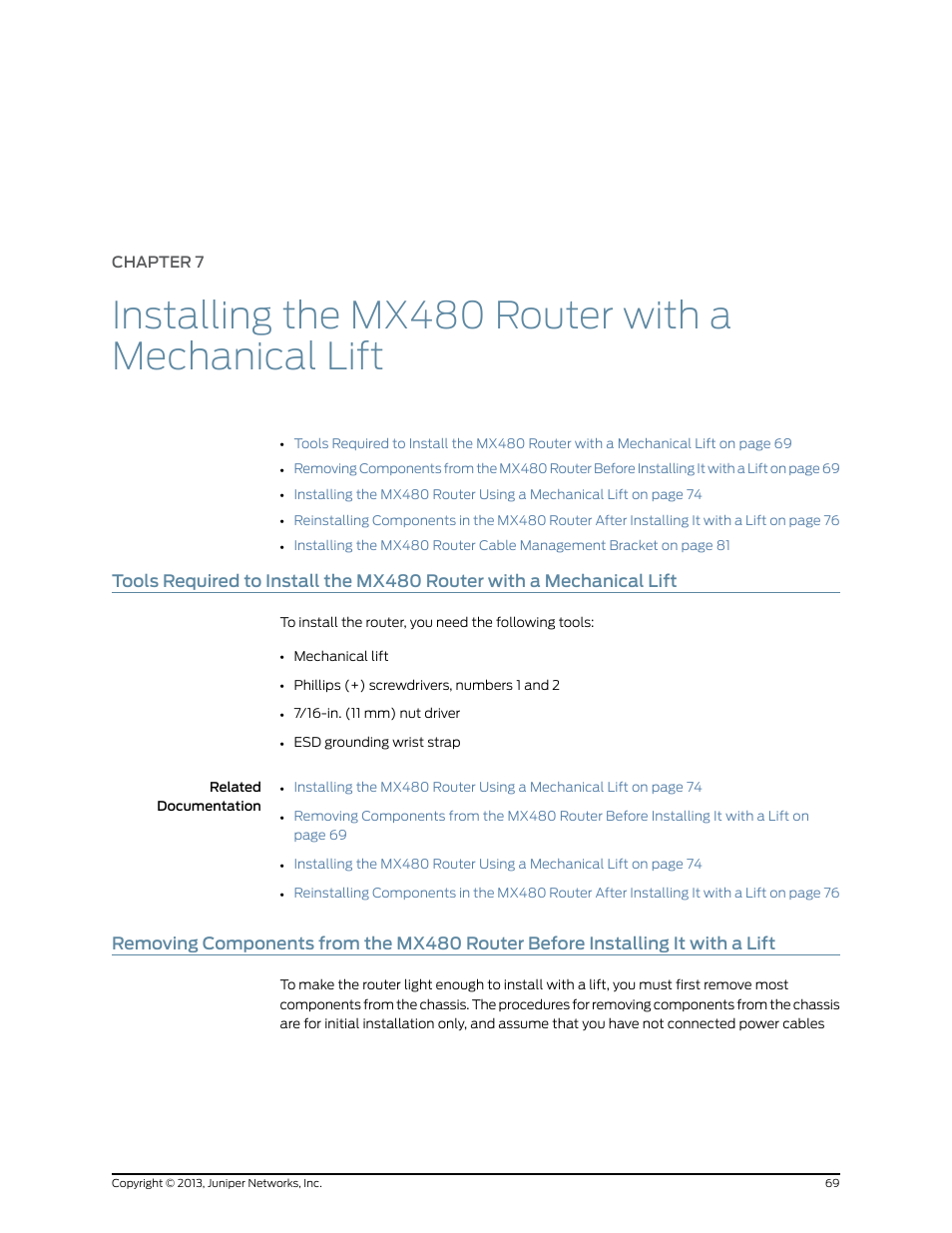 Chapter 7, Installing the mx480 router with a mechanical lift, Lift | Juniper Networks MX480 User Manual | Page 93 / 366