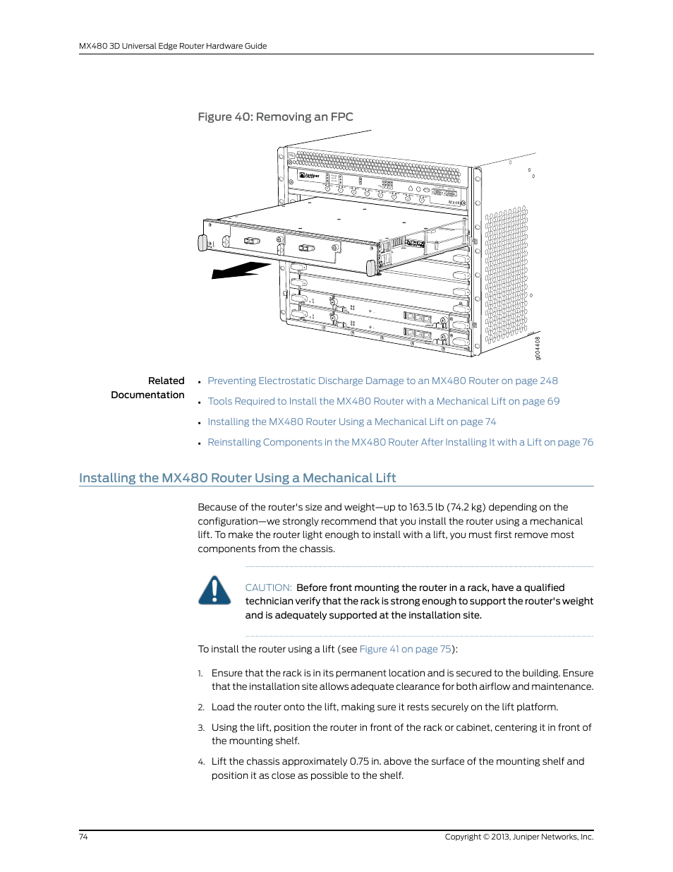 Figure 40: removing an fpc | Juniper Networks MX480 User Manual | Page 98 / 366