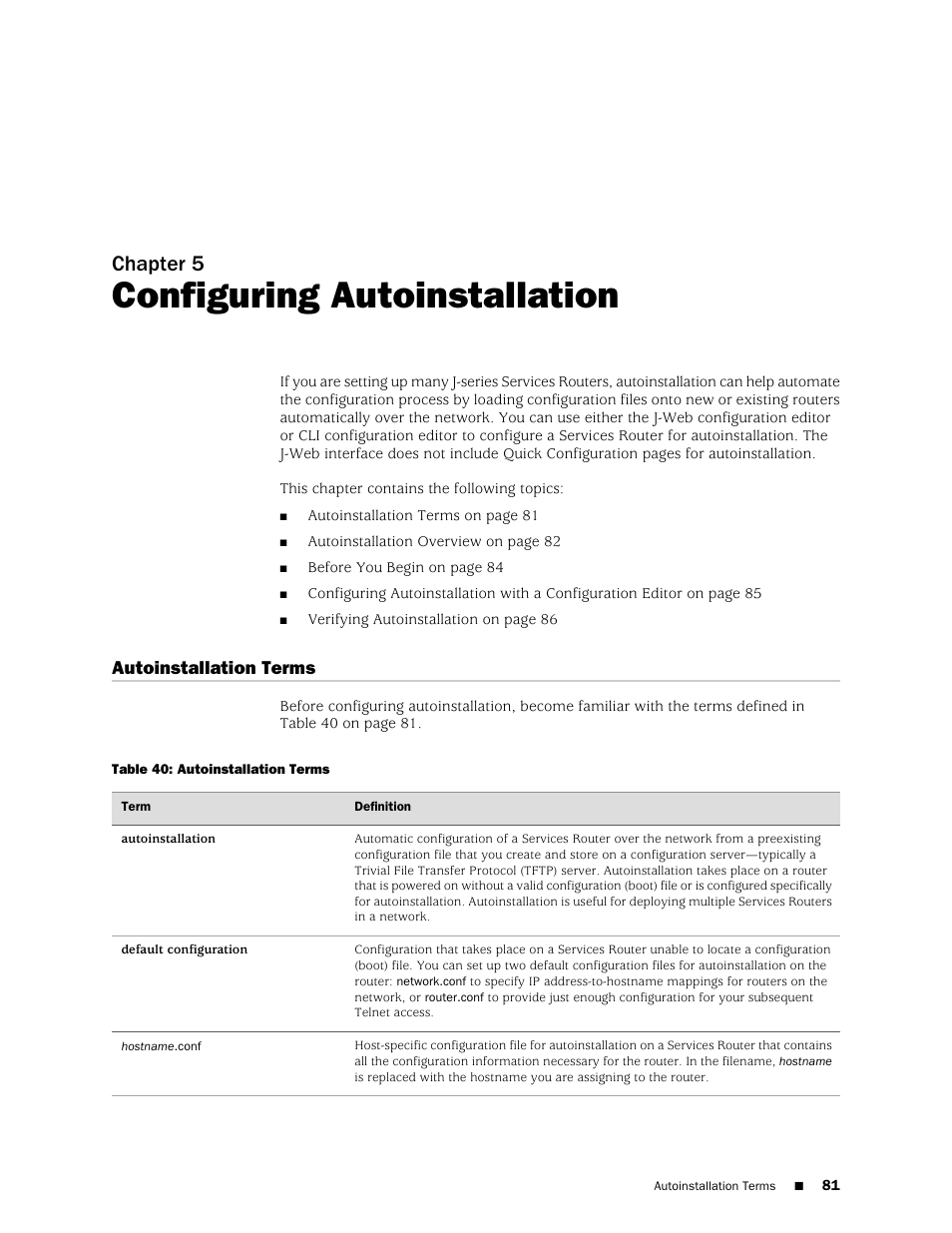 Configuring autoinstallation, Autoinstallation terms, Chapter 5 | Juniper Networks J-Series User Manual | Page 103 / 332