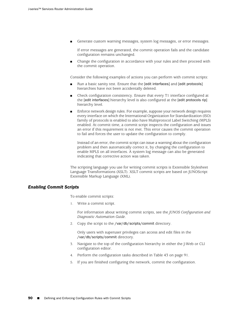 Enabling commit scripts | Juniper Networks J-Series User Manual | Page 112 / 332