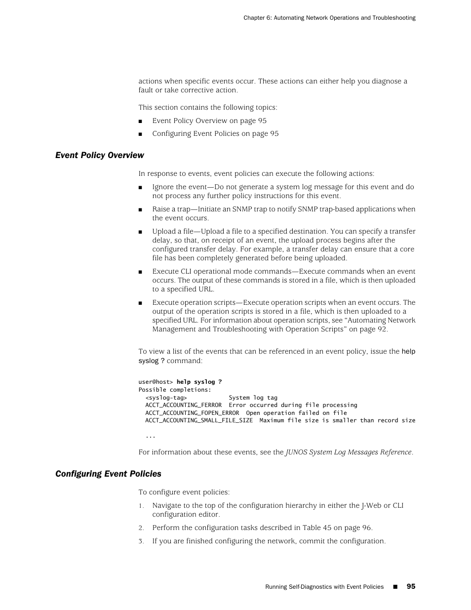 Event policy overview, Configuring event policies, Event policy overview configuring event policies | Juniper Networks J-Series User Manual | Page 117 / 332