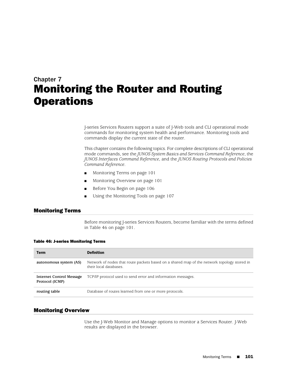 Monitoring the router and routing operations, Monitoring terms, Monitoring overview | Chapter 7, 101 monitoring overview | Juniper Networks J-Series User Manual | Page 123 / 332
