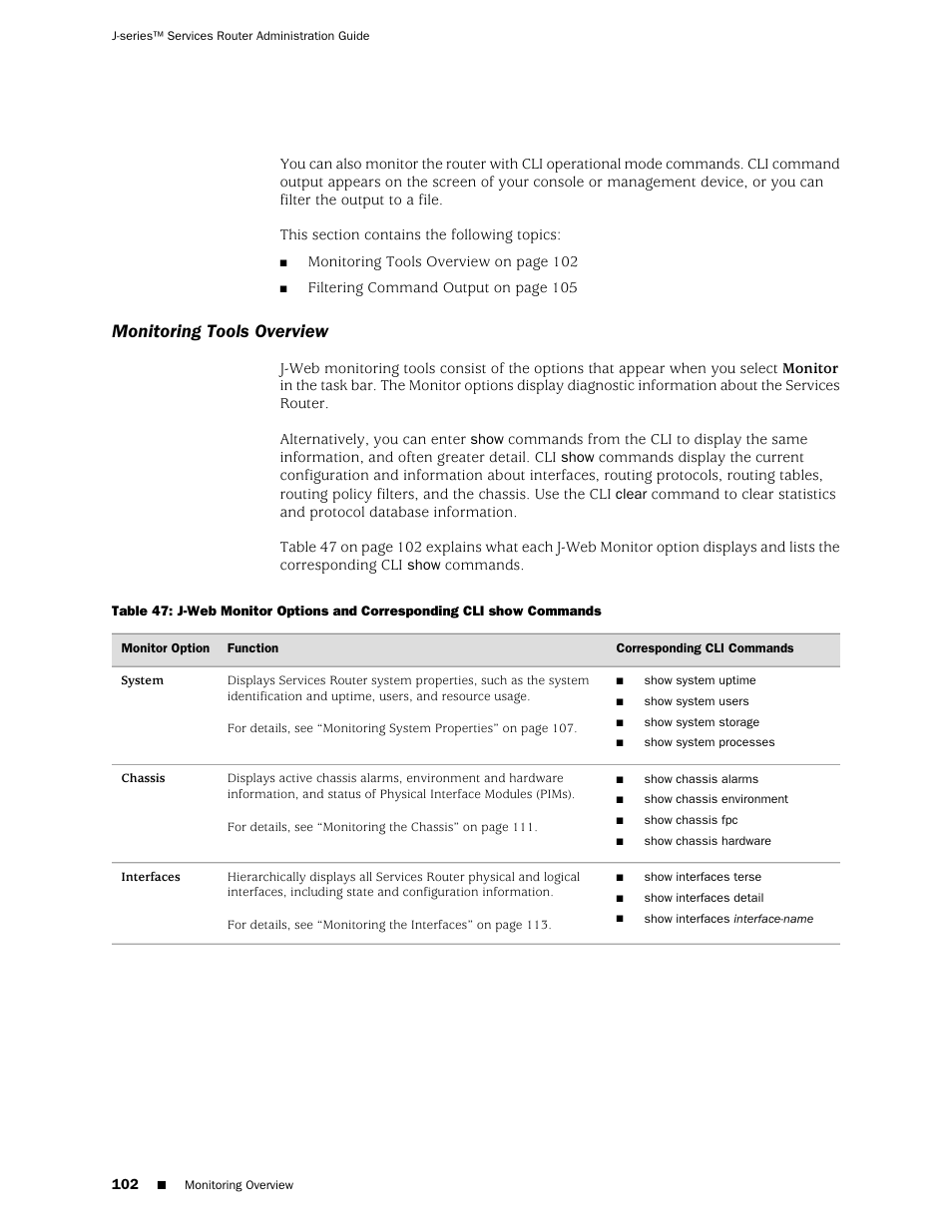 Monitoring tools overview | Juniper Networks J-Series User Manual | Page 124 / 332