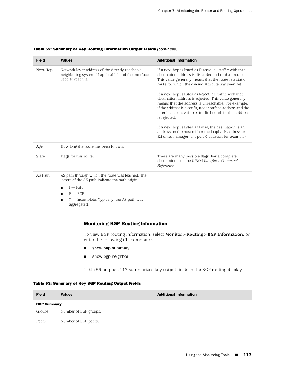 Monitoring bgp routing information | Juniper Networks J-Series User Manual | Page 139 / 332