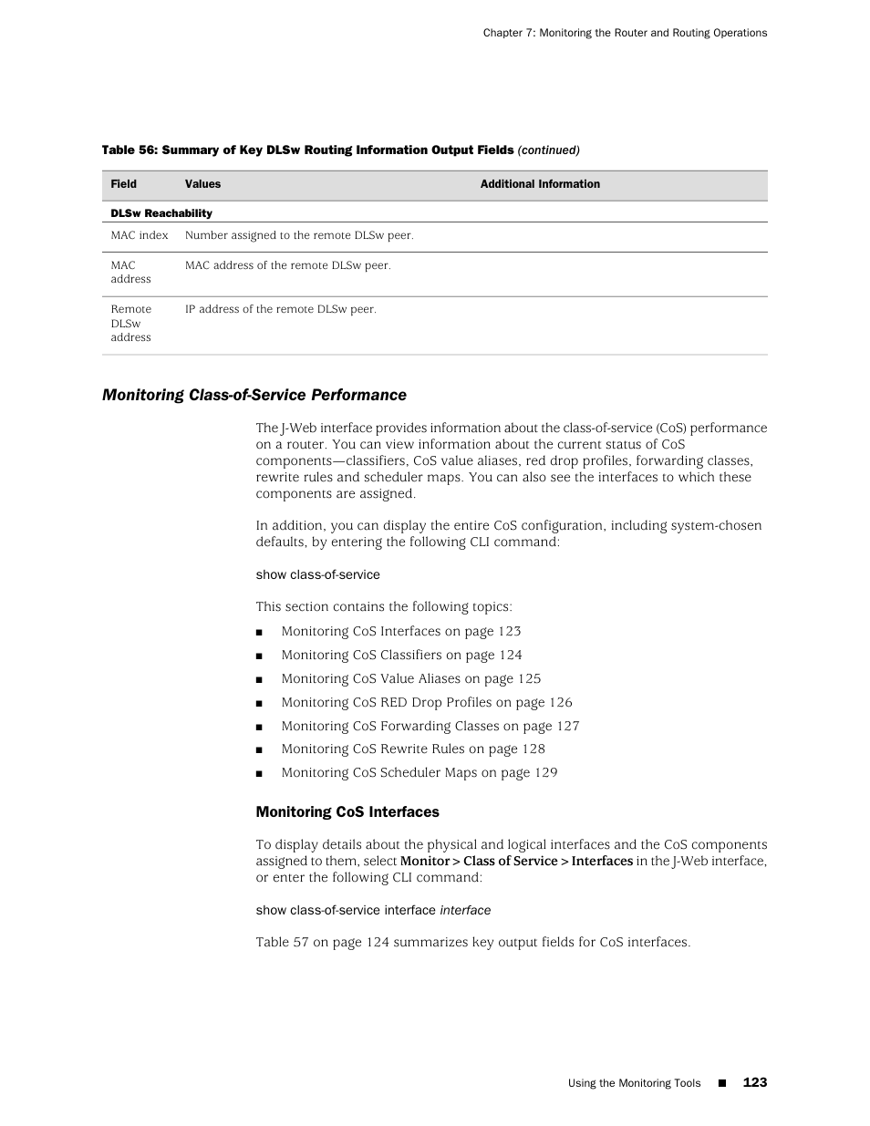 Monitoring class-of-service performance, Monitoring cos interfaces | Juniper Networks J-Series User Manual | Page 145 / 332