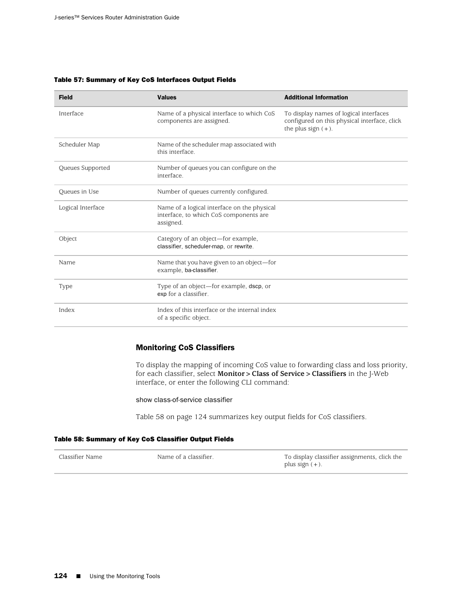 Monitoring cos classifiers | Juniper Networks J-Series User Manual | Page 146 / 332