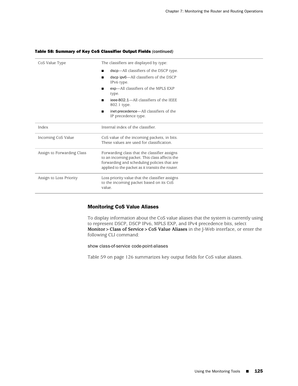 Monitoring cos value aliases | Juniper Networks J-Series User Manual | Page 147 / 332