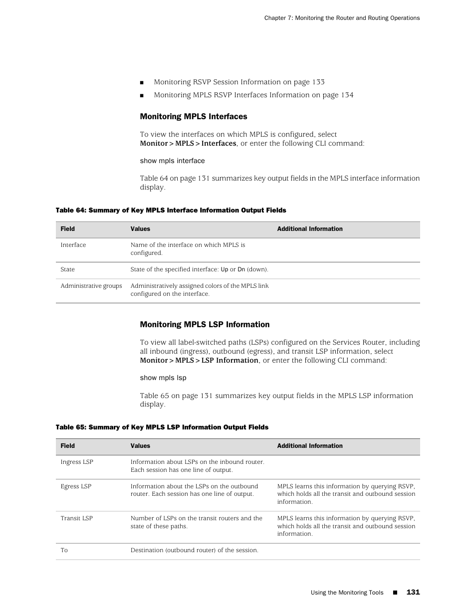 Monitoring mpls interfaces, Monitoring mpls lsp information, 131 monitoring mpls lsp information | Juniper Networks J-Series User Manual | Page 153 / 332