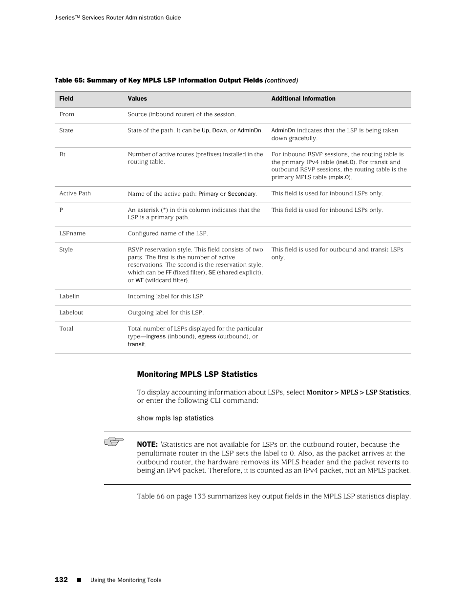 Monitoring mpls lsp statistics | Juniper Networks J-Series User Manual | Page 154 / 332