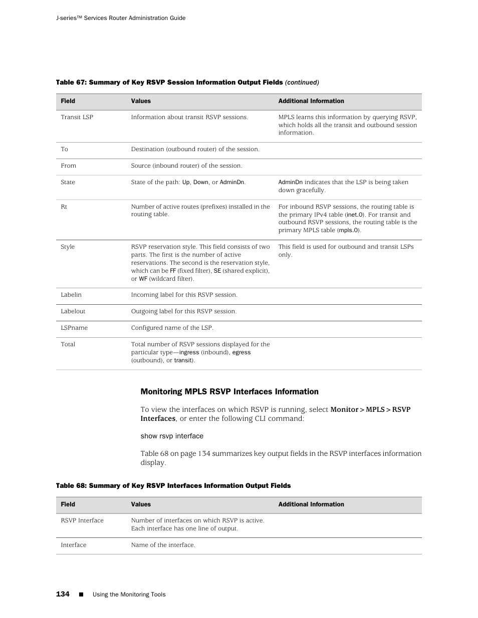 Monitoring mpls rsvp interfaces information | Juniper Networks J-Series User Manual | Page 156 / 332