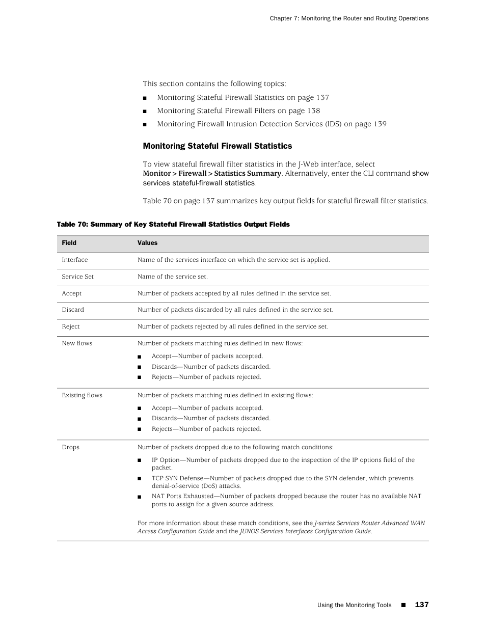 Monitoring stateful firewall statistics | Juniper Networks J-Series User Manual | Page 159 / 332