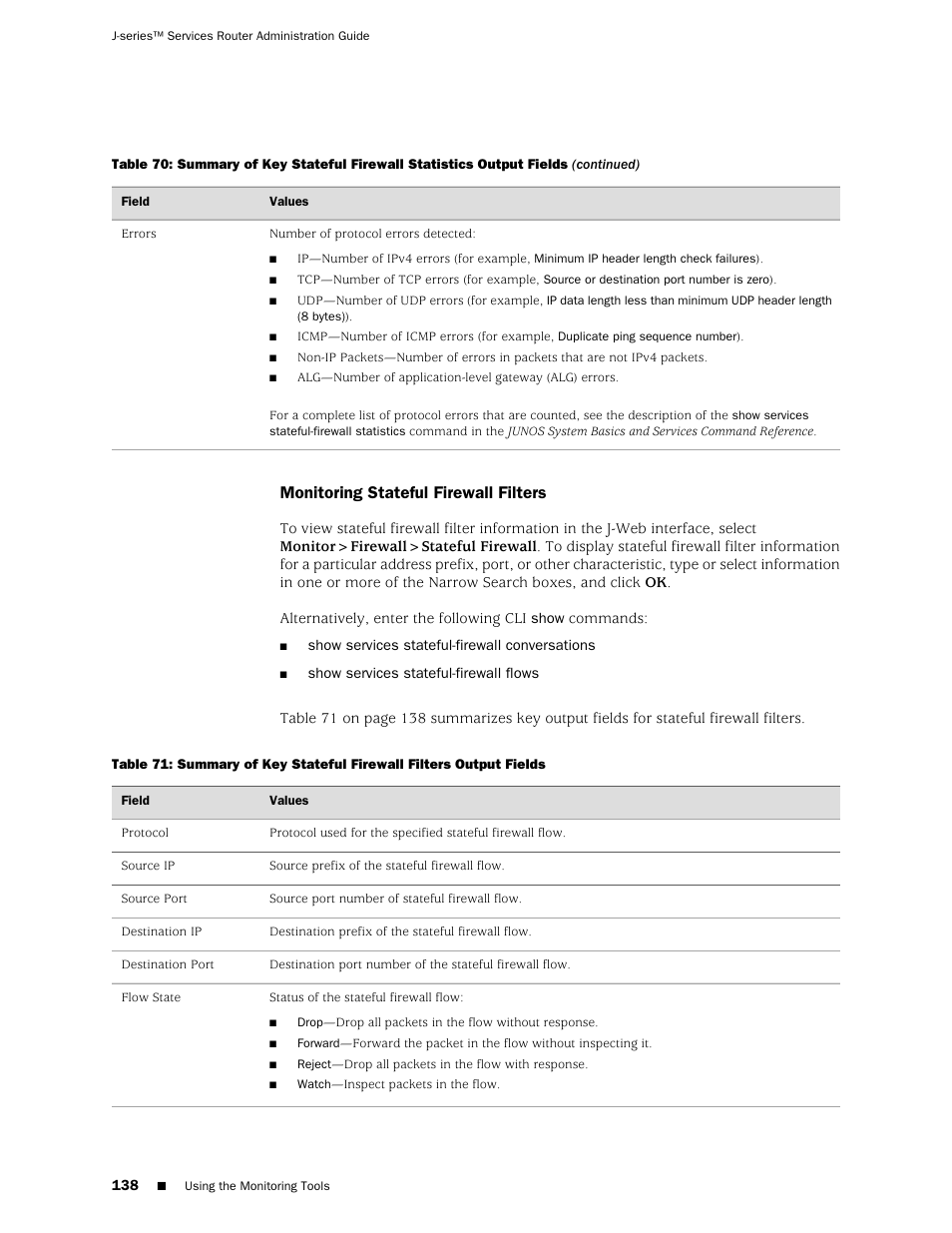 Monitoring stateful firewall filters | Juniper Networks J-Series User Manual | Page 160 / 332