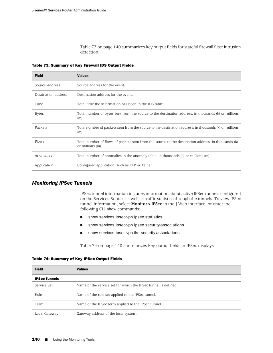 Monitoring ipsec tunnels | Juniper Networks J-Series User Manual | Page 162 / 332