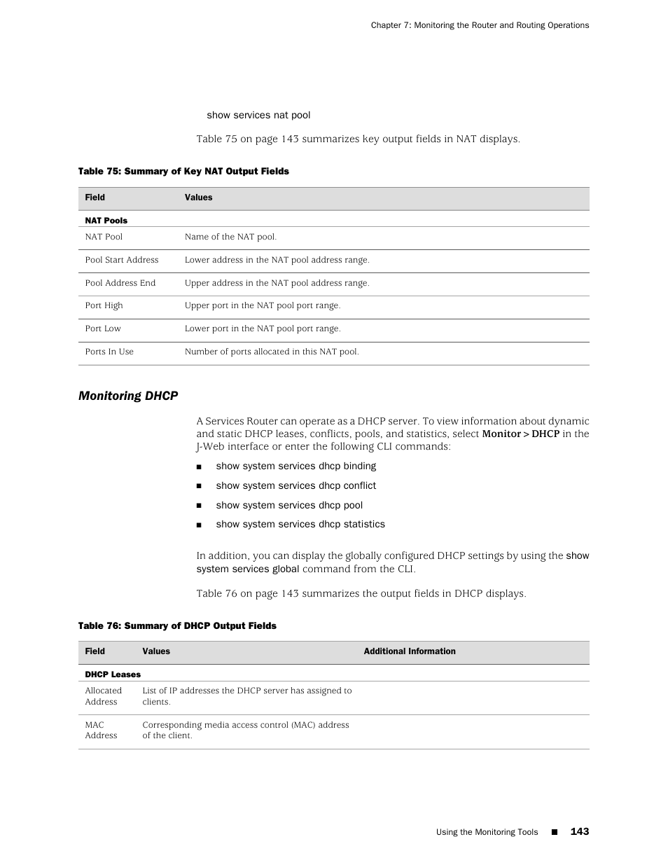 Monitoring dhcp | Juniper Networks J-Series User Manual | Page 165 / 332