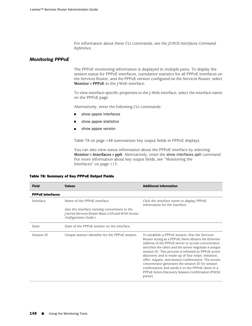 Monitoring pppoe | Juniper Networks J-Series User Manual | Page 170 / 332