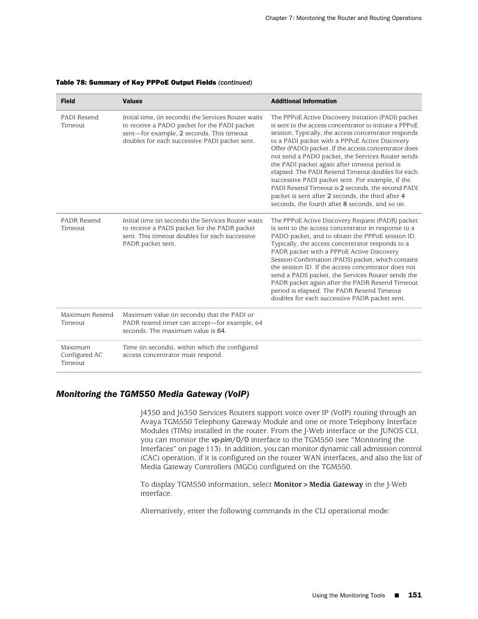 Monitoring the tgm550 media gateway (voip) | Juniper Networks J-Series User Manual | Page 173 / 332